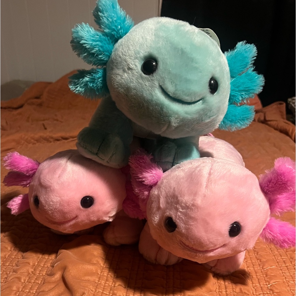 THREE build a bear axolotl stuffed animals 2 pink 1 light blue